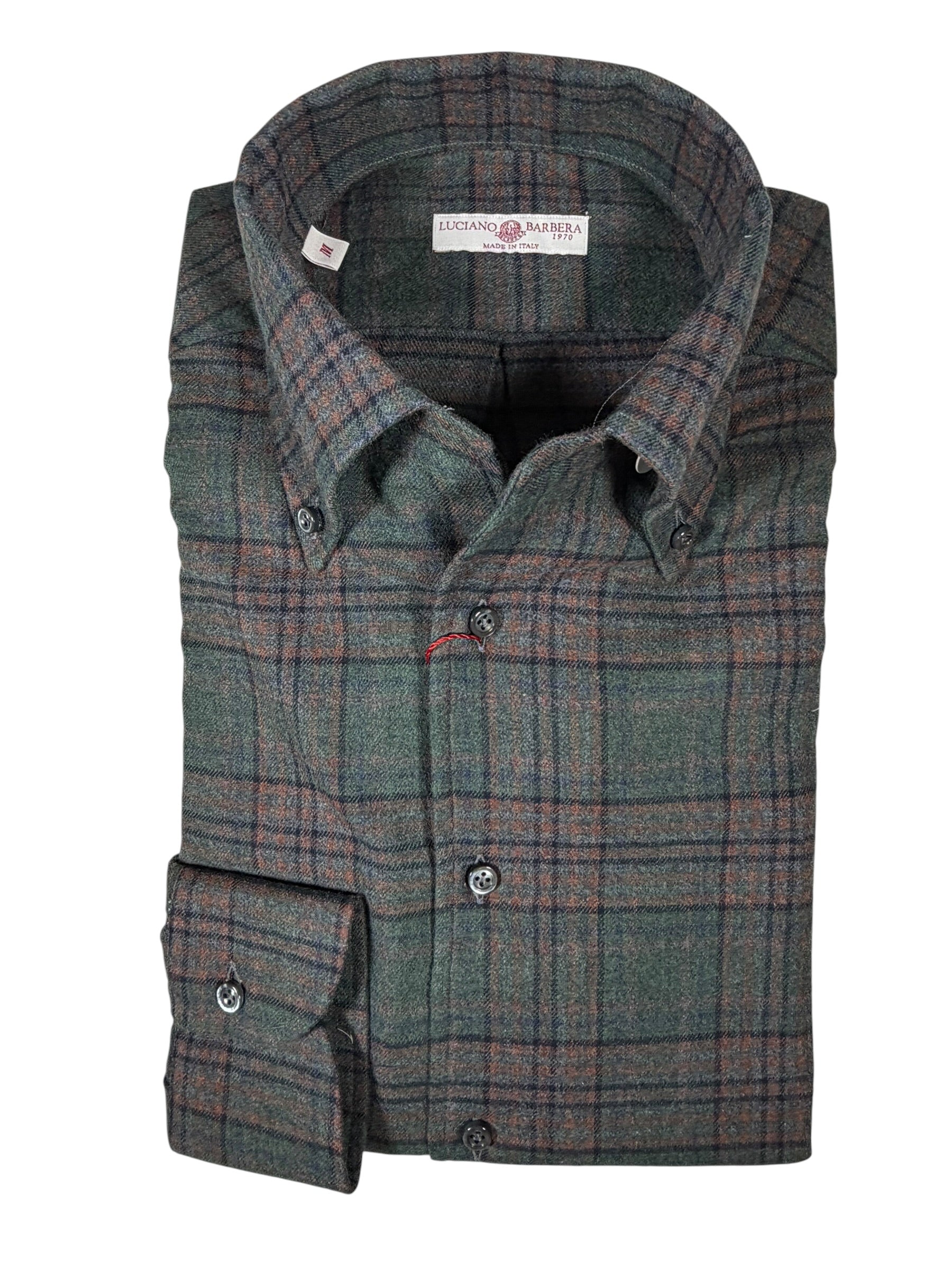 LUCIANO BARBERA SPORT SHIRT - GREEN PLAID FLANNEL