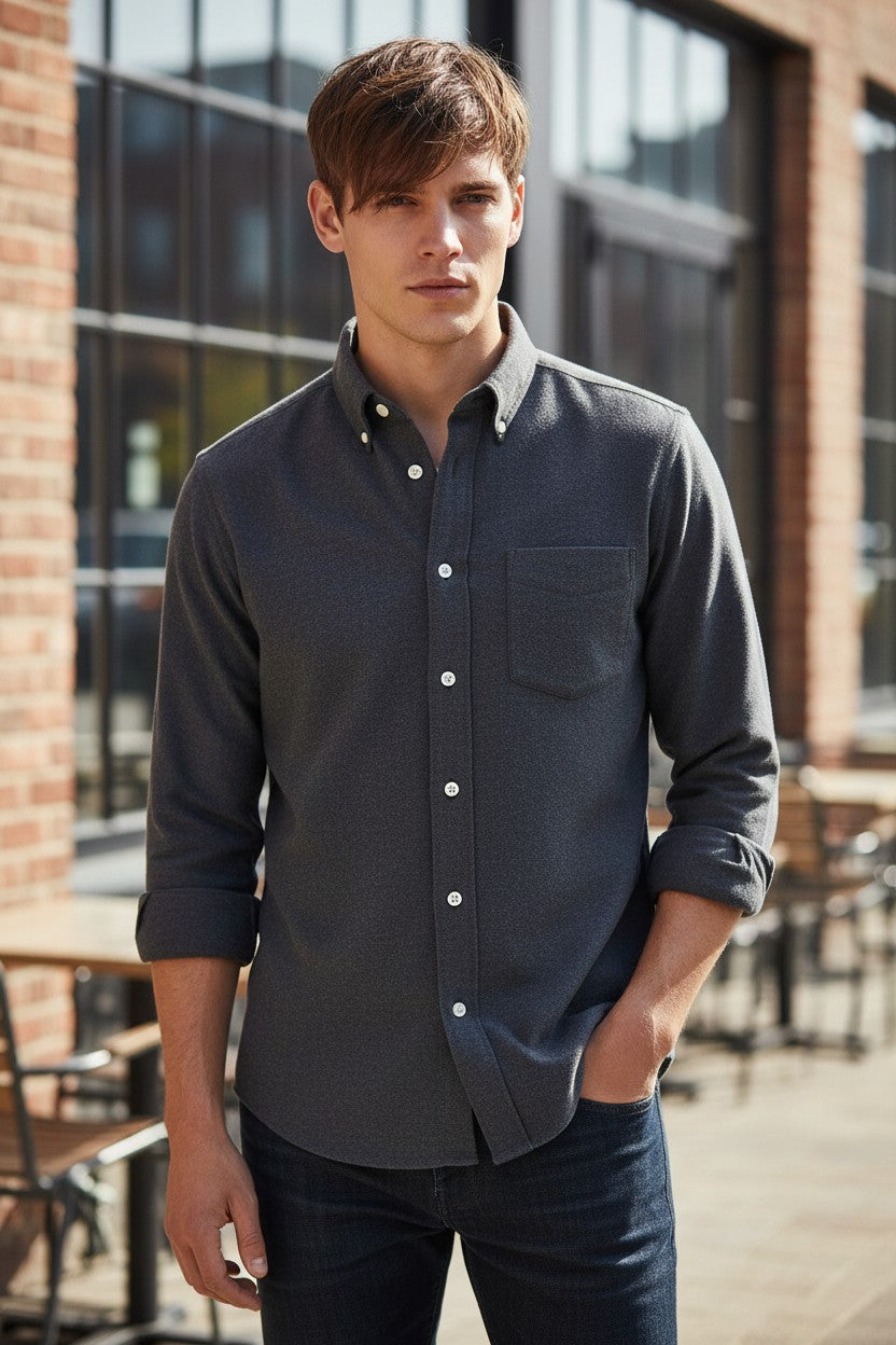 HARTFORD MEN'S COTTON MELANGE FLANNEL SHIRT - CHARCOAL