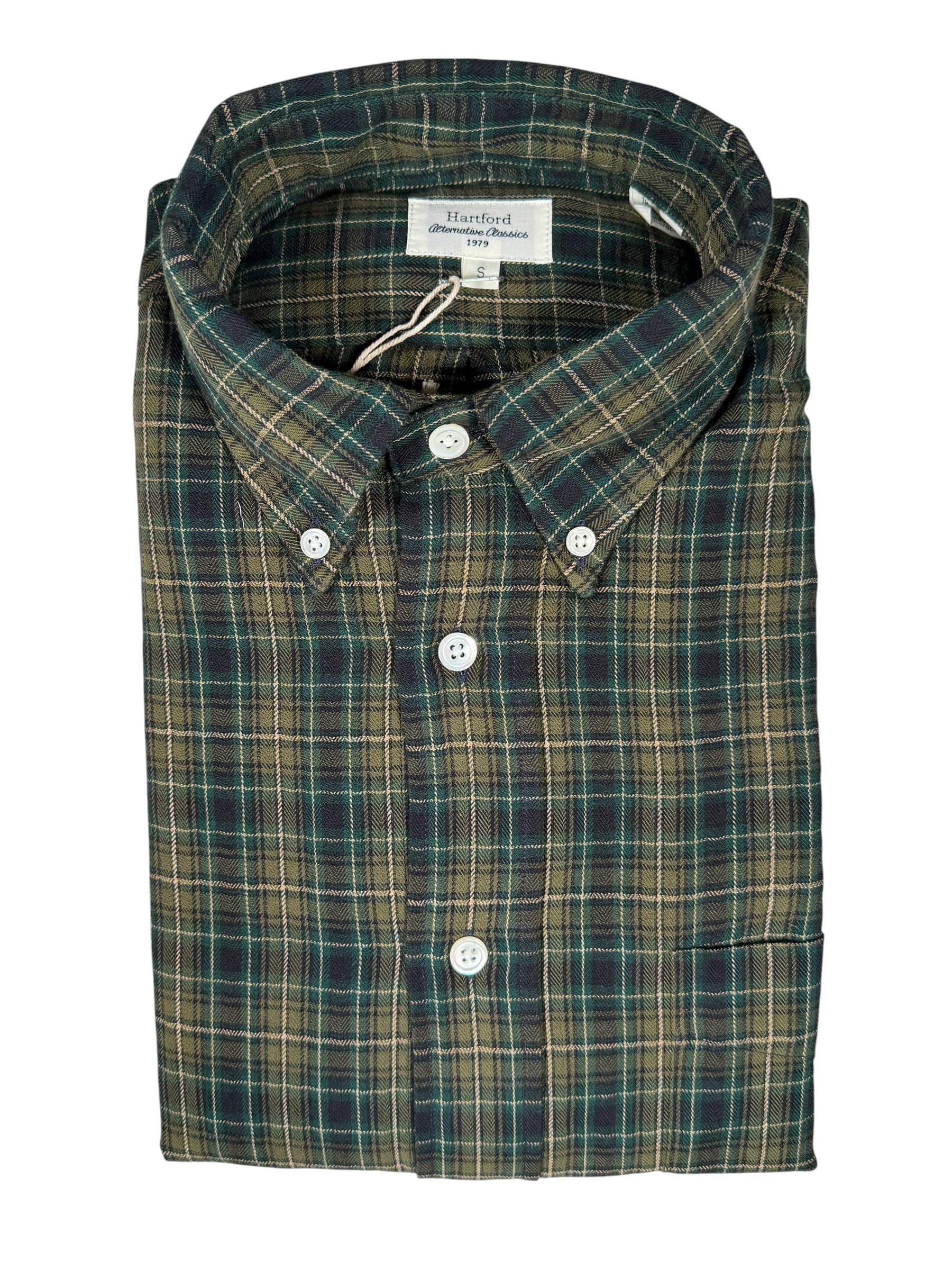 HARTFORD MEN'S COTTON HERRINGBONE FLANNEL SHIRT - DARK GREEN