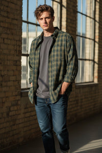 HARTFORD MEN'S COTTON HERRINGBONE FLANNEL SHIRT - DARK GREEN
