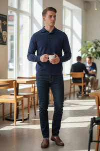 BUTTON DOWN VINTAGE LONG SLEEVE POLO - NAVY