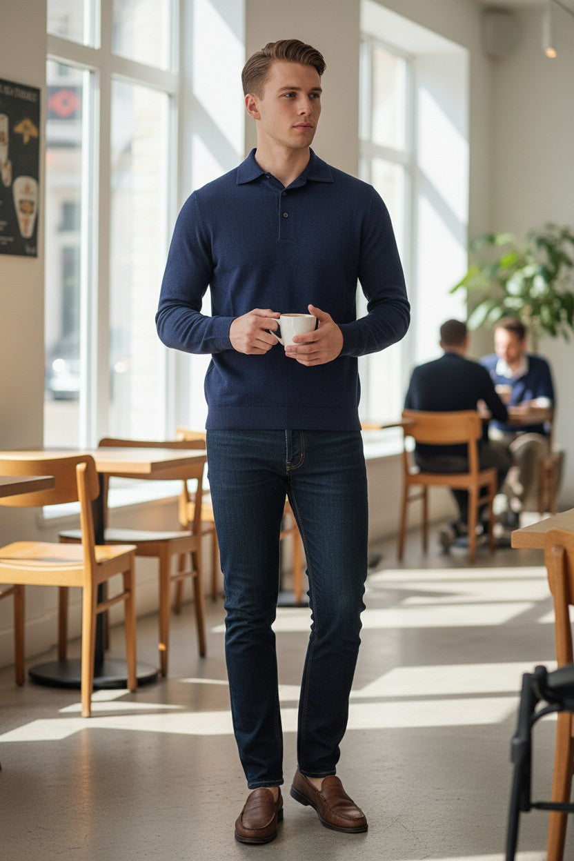 BUTTON DOWN VINTAGE LONG SLEEVE POLO - NAVY