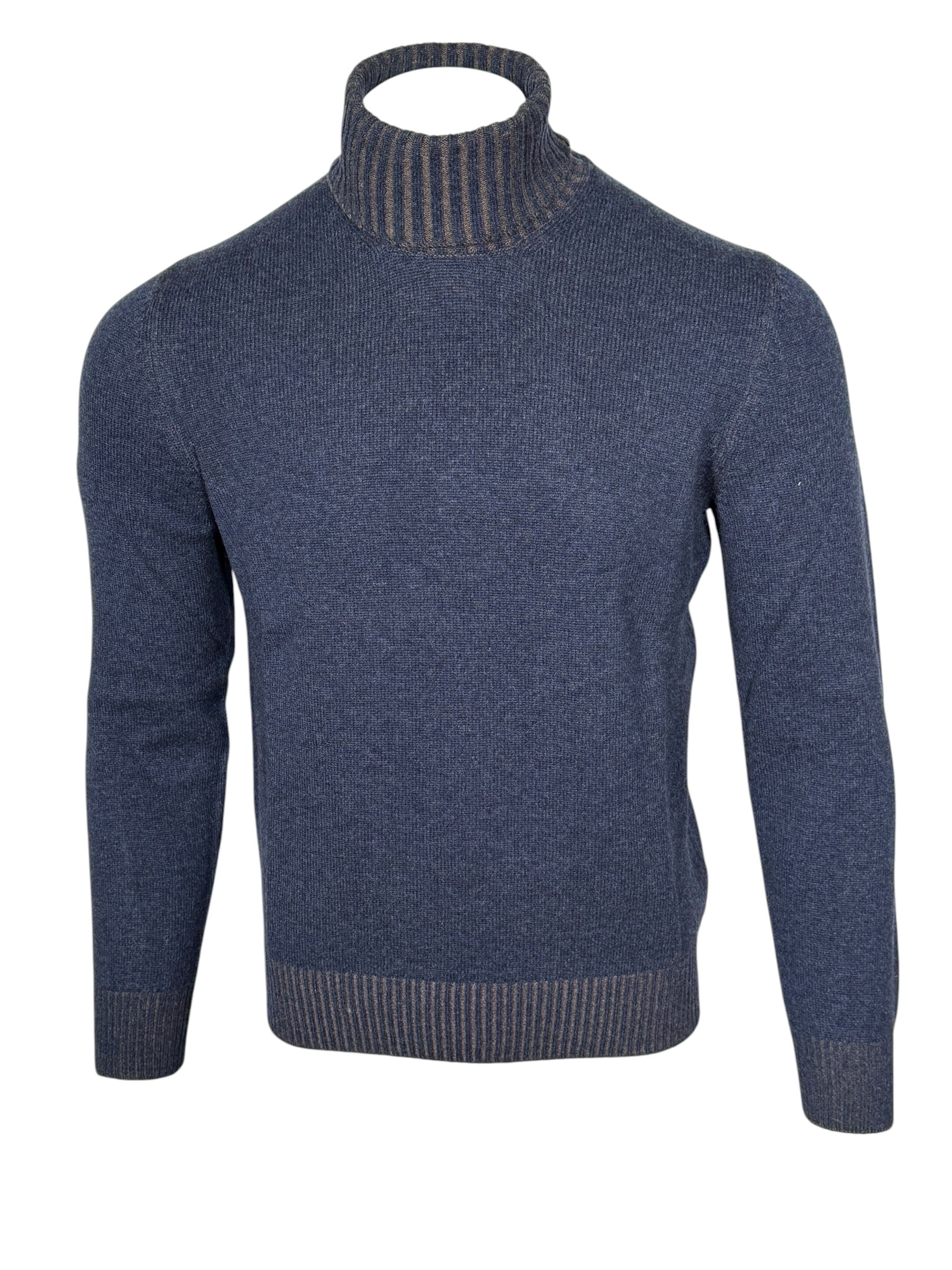 BUTTON DOWN WOOL/CASHMERE TURTLE NECK SWEATER - DENIM BLUE