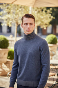 BUTTON DOWN WOOL/CASHMERE TURTLE NECK SWEATER - DENIM BLUE