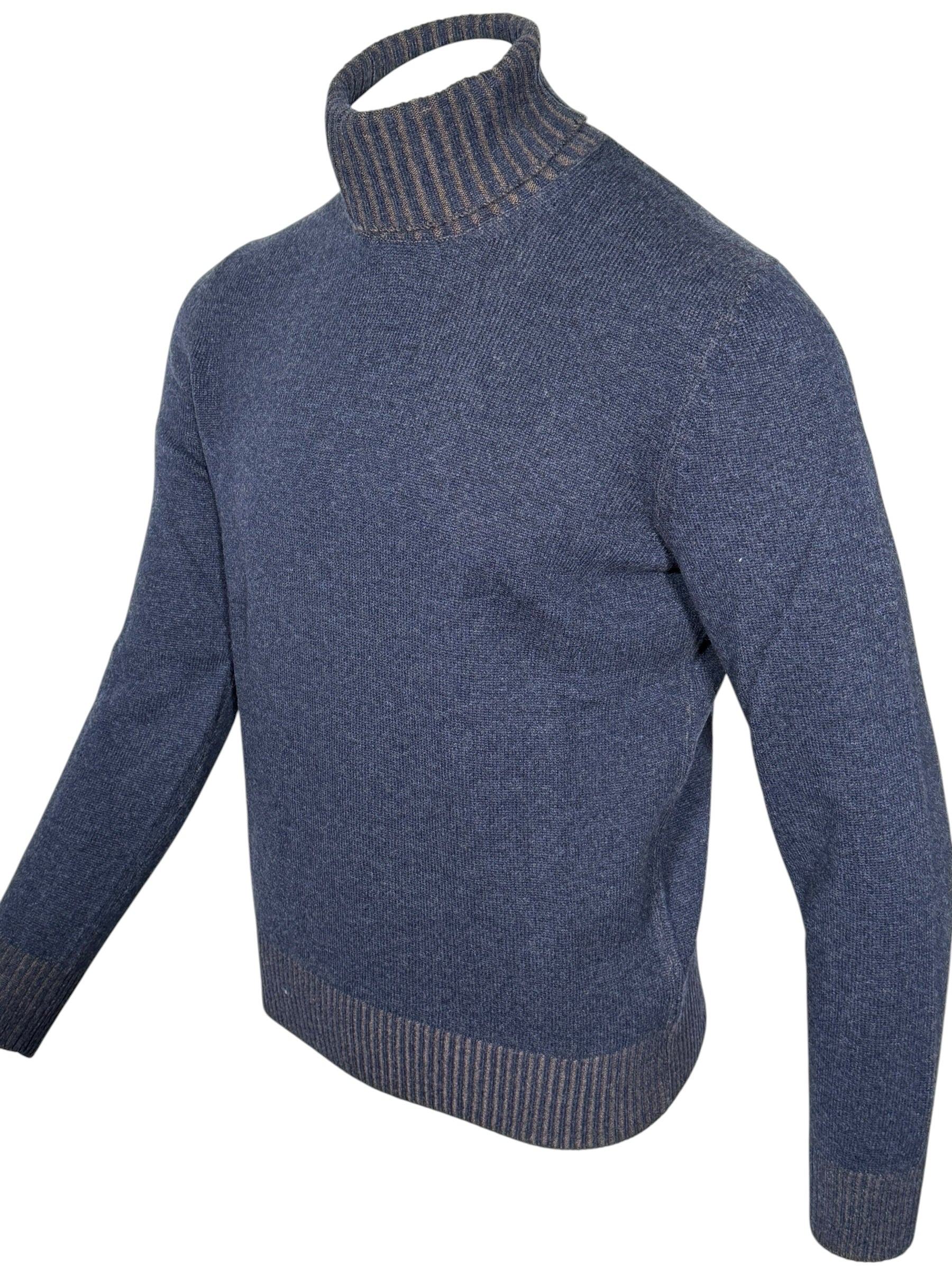 BUTTON DOWN WOOL/CASHMERE TURTLE NECK SWEATER - DENIM BLUE