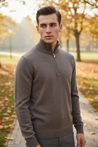 BUTTON DOWN WOOL/CASHMERE 1/4 ZIP SWEATER - BROWN