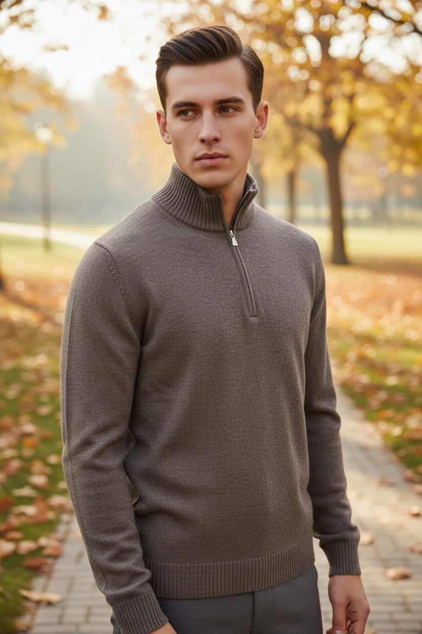 BUTTON DOWN WOOL/CASHMERE 1/4 ZIP SWEATER - BROWN