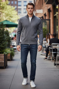 BUTTON DOWN MILANO STITCH FULL ZIP SWEATER - GREY