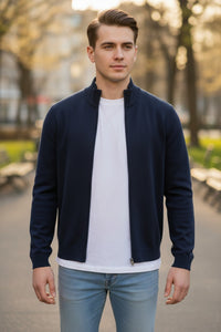 BUTTON DOWN MILANO STITCH FULL ZIP SWEATER - NAVY