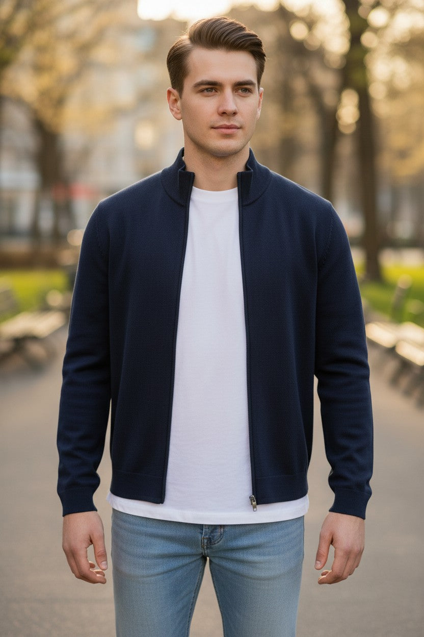 BUTTON DOWN MILANO STITCH FULL ZIP SWEATER - NAVY