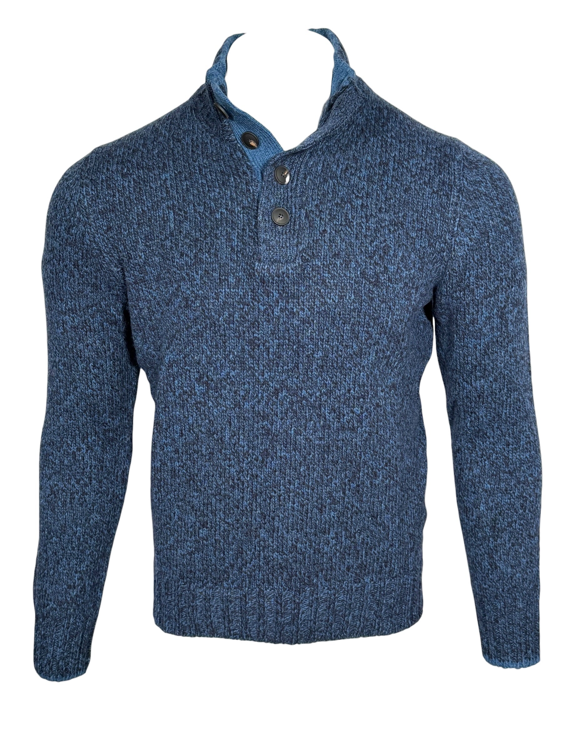 BUTTON DOWN 6 PLY WOOL BUTTON MOCK SWEATER - NAVY/DENIM MARL