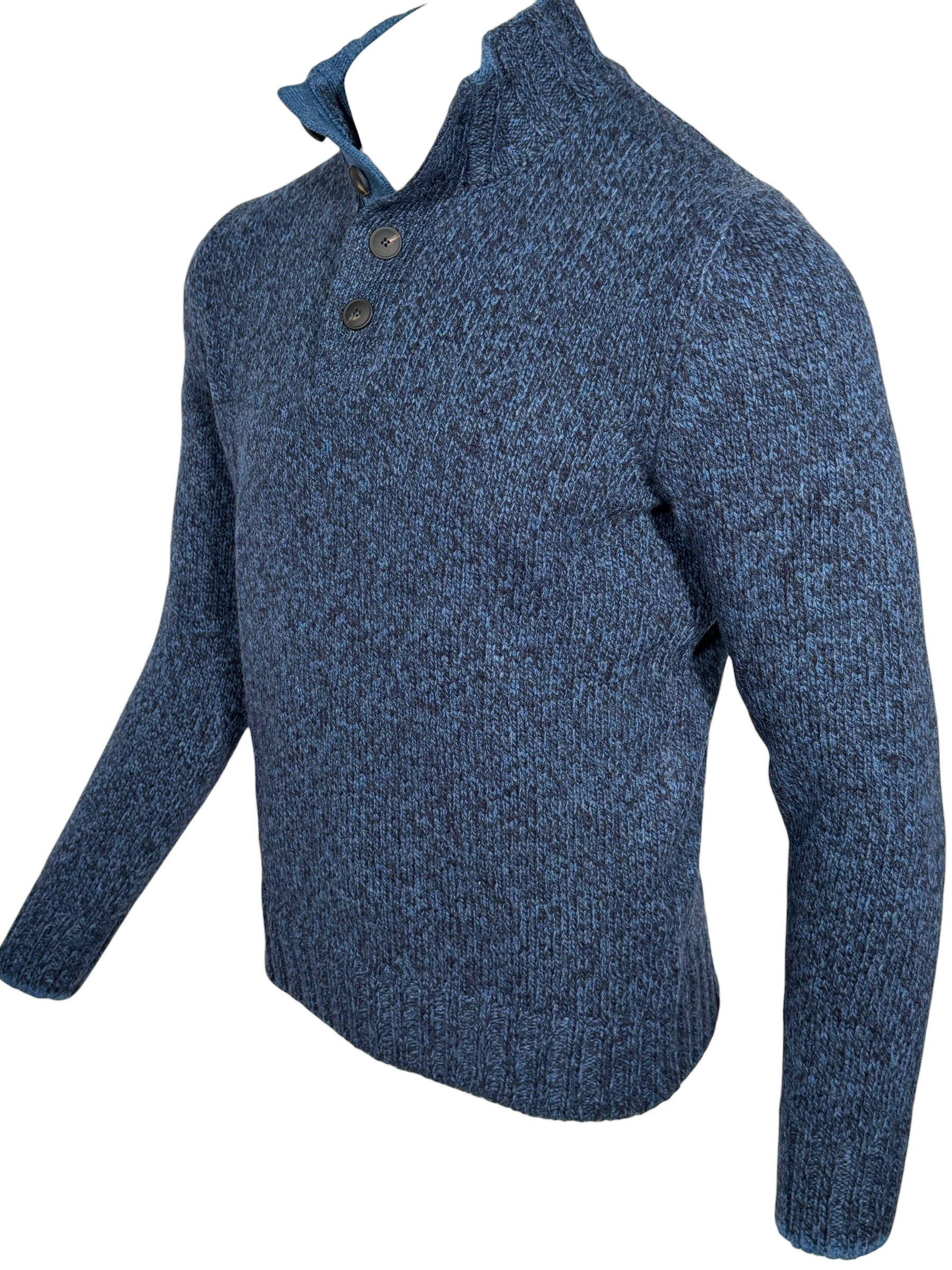 BUTTON DOWN 6 PLY WOOL BUTTON MOCK SWEATER - NAVY/DENIM MARL