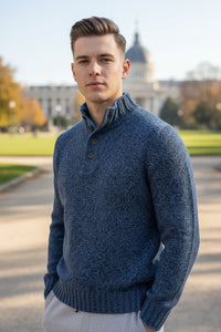 BUTTON DOWN 6 PLY WOOL BUTTON MOCK SWEATER - NAVY/DENIM MARL