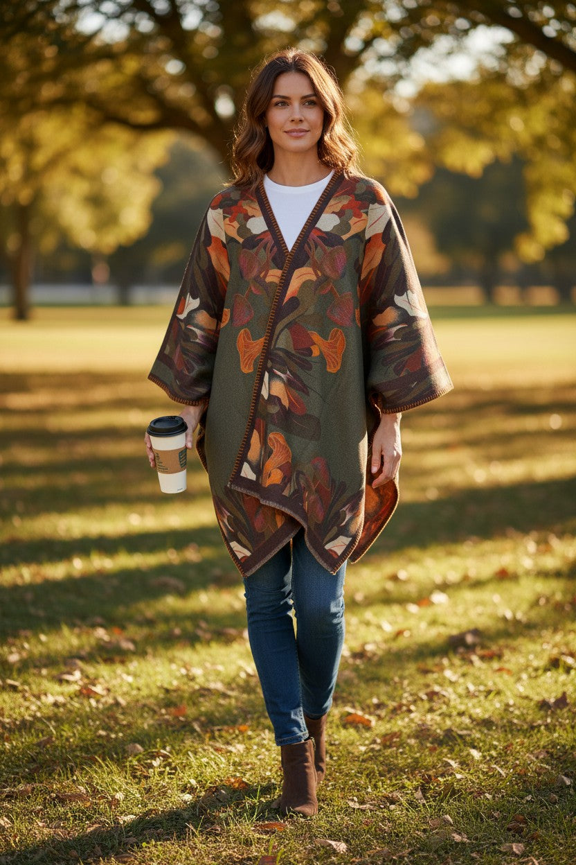 FRANCO FERRARI MUSHROOMS WOOL CAPE - DARK GREEN