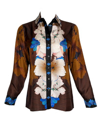 FRANCO FERRARI FLORAL SILK BLOUSE - BROWN