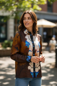 FRANCO FERRARI FLORAL SILK BLOUSE - BROWN