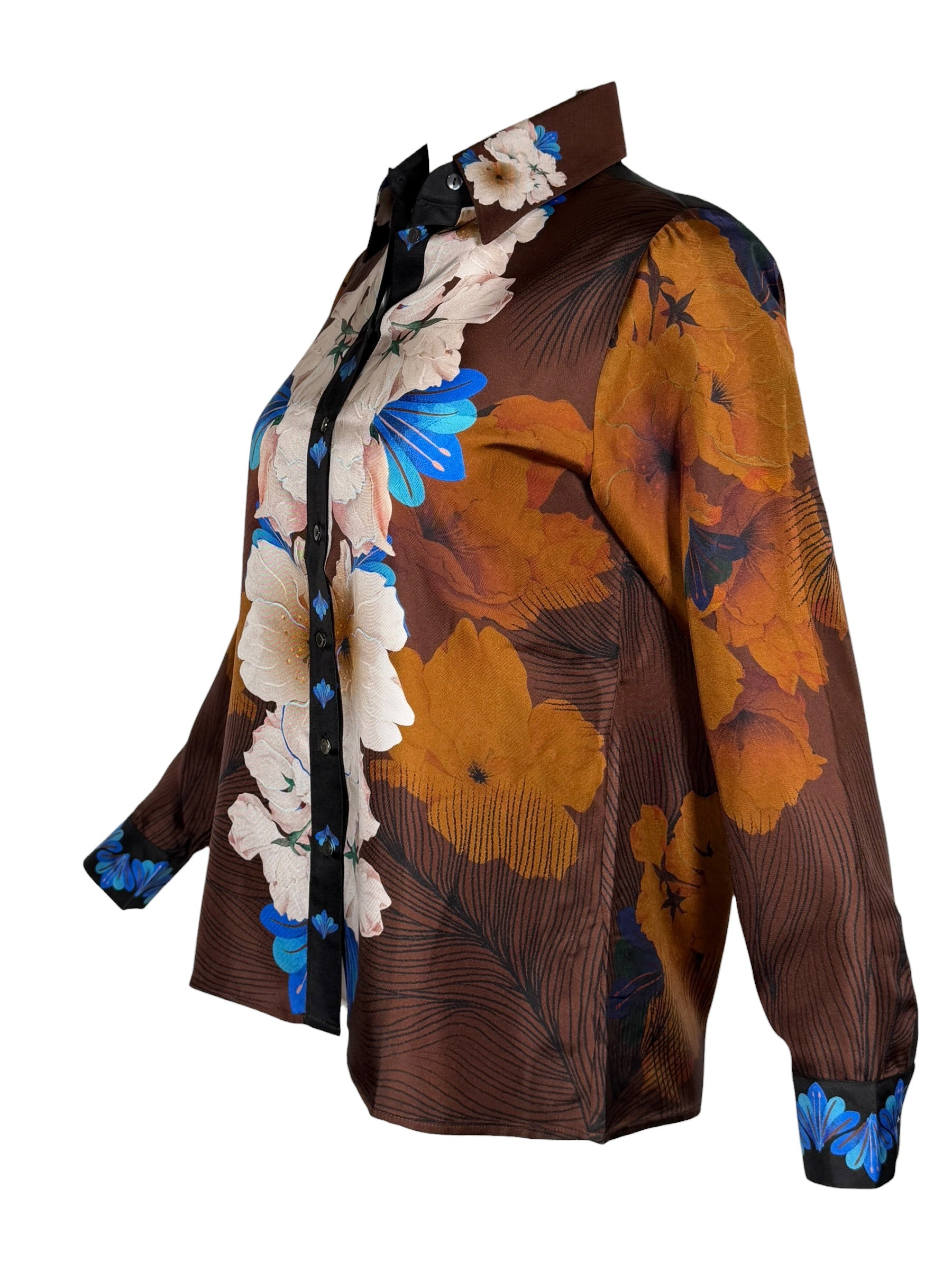 FRANCO FERRARI FLORAL SILK BLOUSE - BROWN