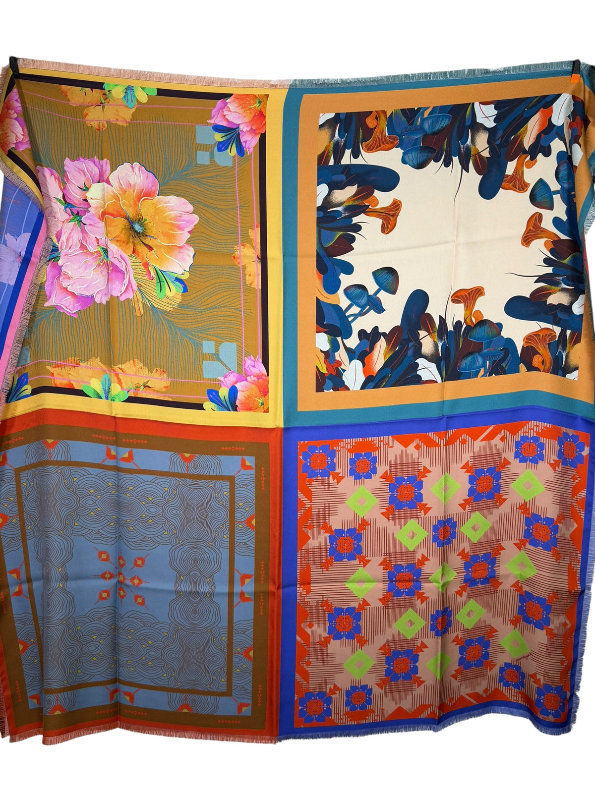 FRANCO FERRARI MULTI-PATTERN DOUBLE-SIDED SILK SCARF - MUSHROOMS/FLORAL