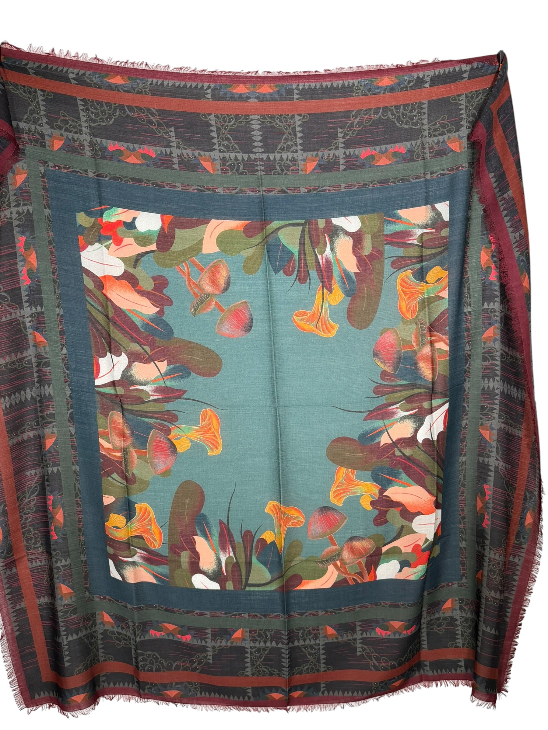 FRANCO FERRARI WOOL SQUARE SCARF - TEAL MUSHROOMS