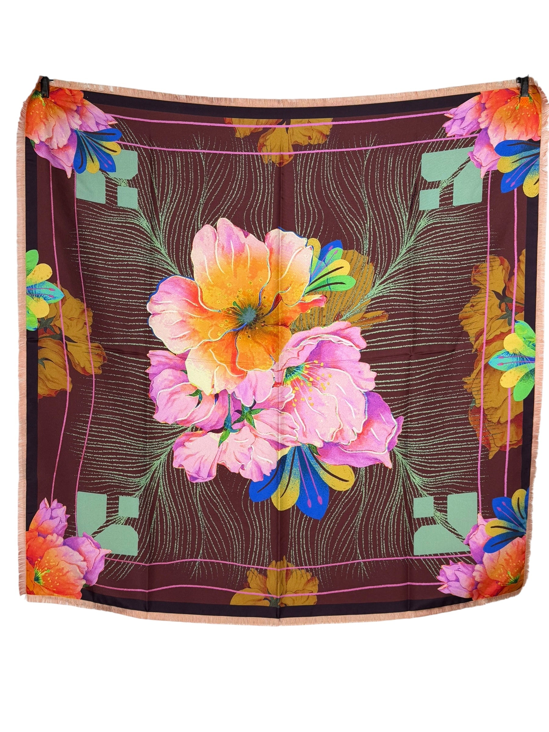 FRANCO FERRARI DOUBLE-SIDED SILK SQUARE SCARF - ORANGE/BURGUNDY FLORAL