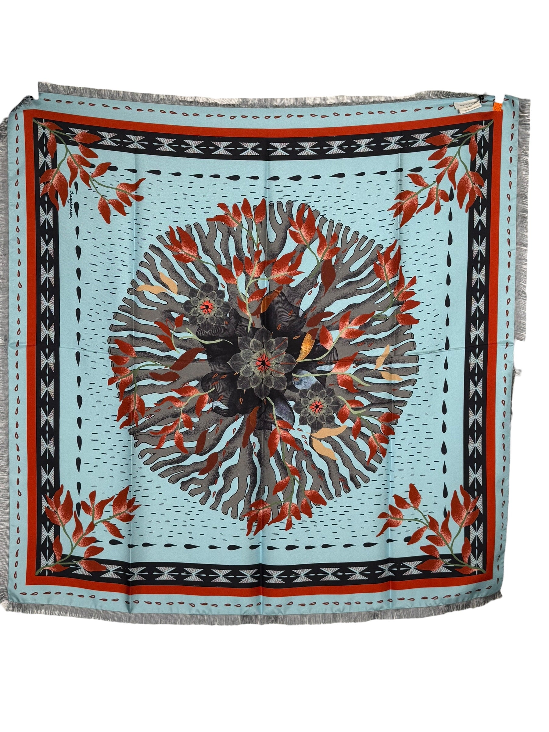 FRANCO FERRARI DOUBLE-SIDED SILK SQUARE SCARF - LIGHT BLUE/BEIGE CORAL