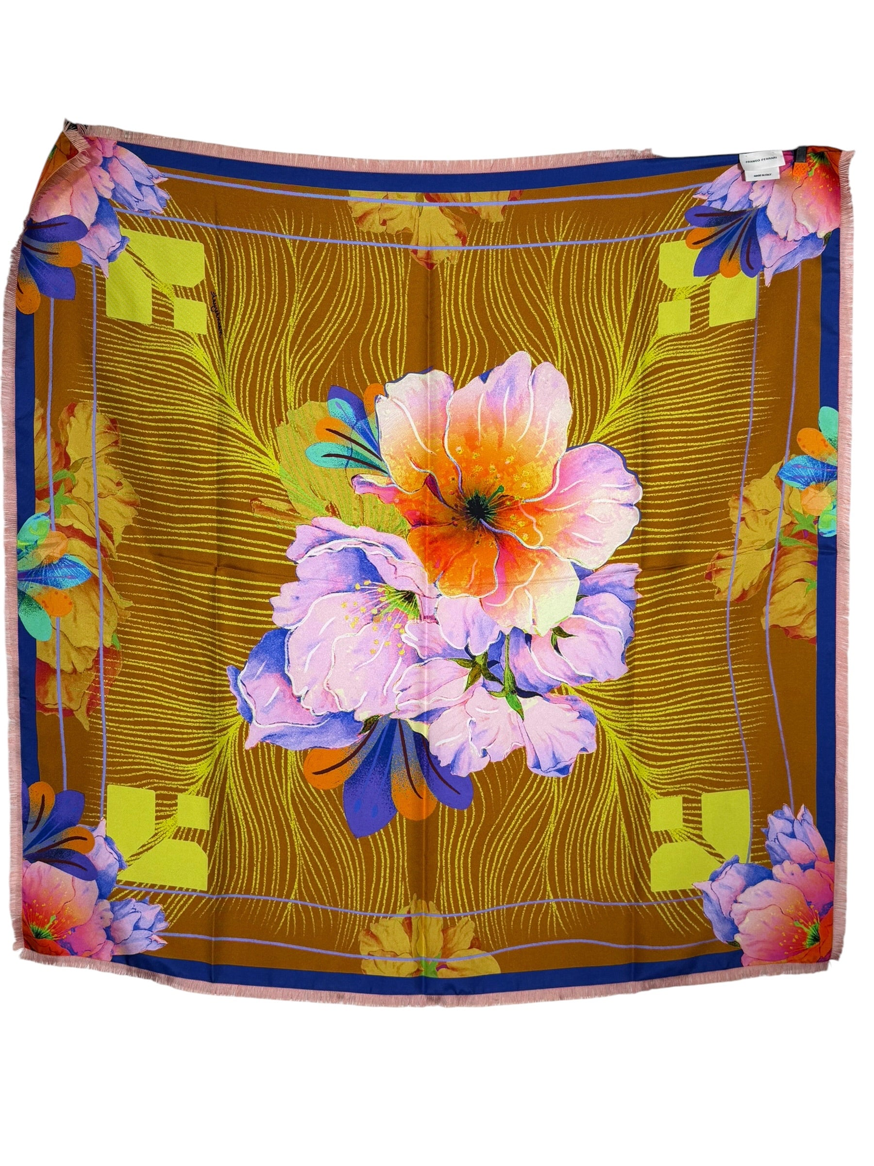 FRANCO FERRARI DOUBLE-SIDED SILK SQUARE SCARF - ORANGE/BURGUNDY FLORAL
