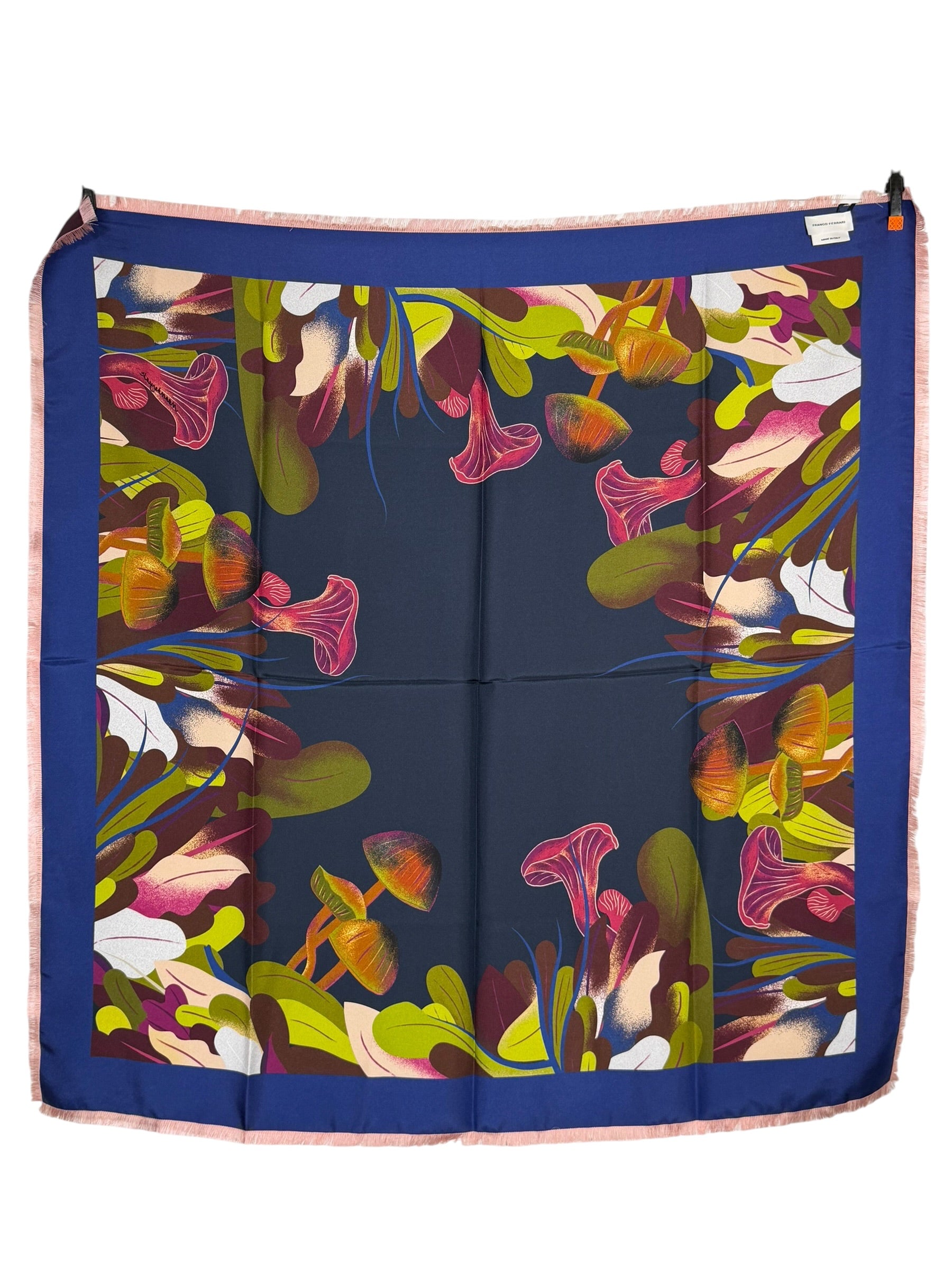 FRANCO FERRARI DOUBLE-SIDED SILK SQUARE SCARF - NAVY/TEAL MUSHROOMS