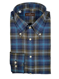 BUTTON DOWN SPORT SHIRT - BLUE/NAVY/BROWN PLAID