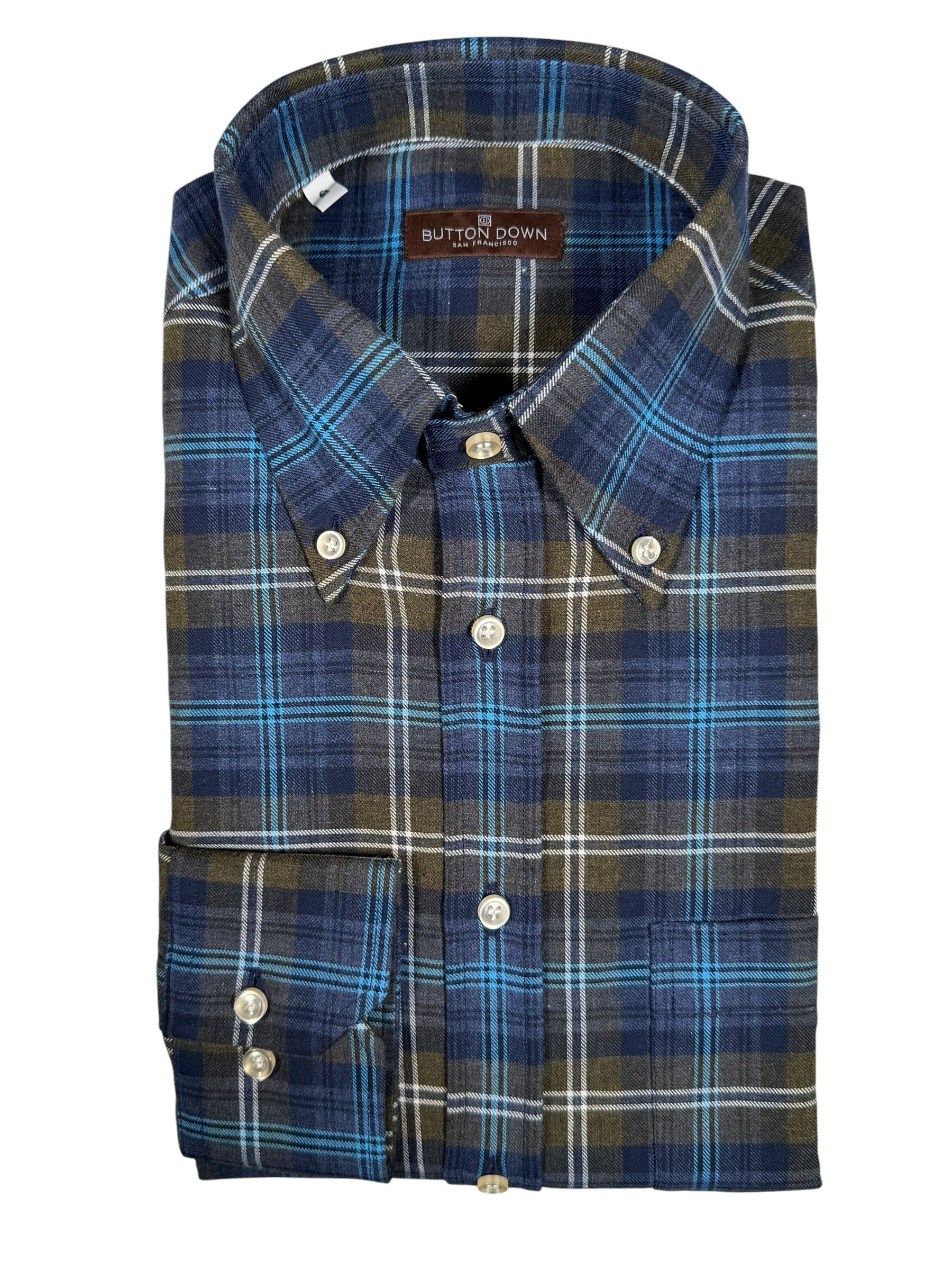 BUTTON DOWN SPORT SHIRT - BLUE/NAVY/BROWN PLAID