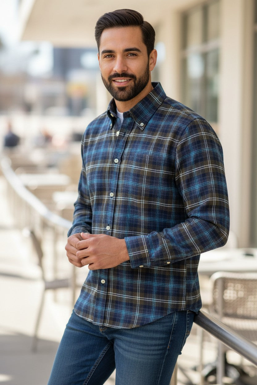 BUTTON DOWN SPORT SHIRT - BLUE/NAVY/BROWN PLAID