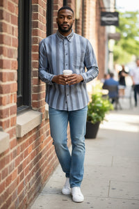 BUTTON DOWN SPORT SHIRT - BLUE MIXED STRIPE