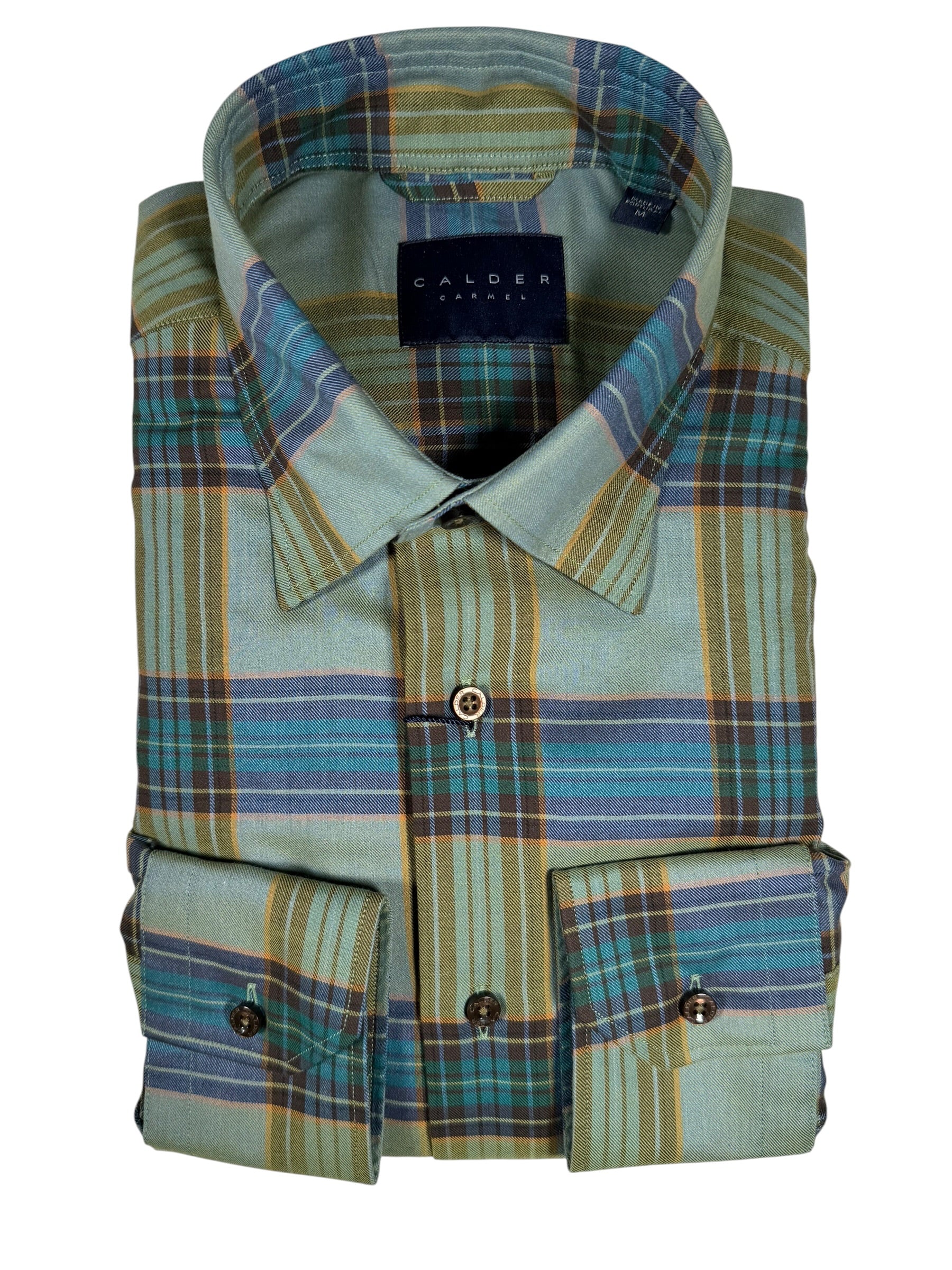 CALDER CARMEL MEN'S SHIRT - LUXE MELANGE TWILL COLOR SATURATED TARTAN - OLIVE