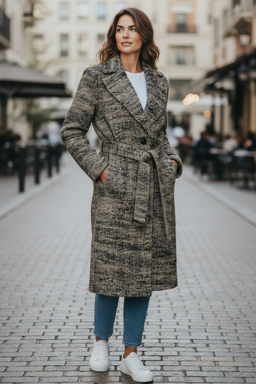 PUROTATTO HERRINGBONE LONG COAT - GREY BLEND