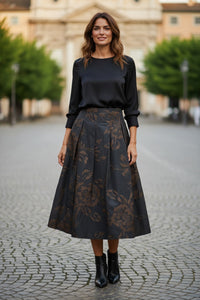 ROSSO 35 EMBROIDERED PLEATED SKIRT - NAVY/BROWN