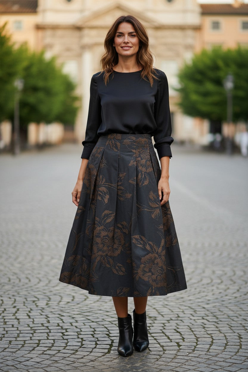 ROSSO 35 EMBROIDERED PLEATED SKIRT - NAVY/BROWN