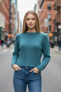 ANNECLAIRE ROUNDNECK CABLE DETAIL SWEATER - TURQUOISE