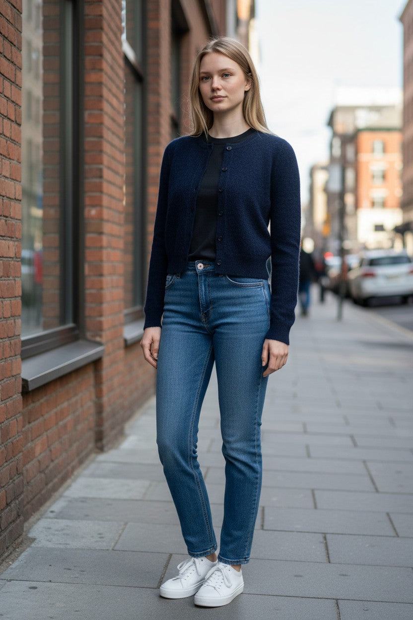 PUROTATTO BRUSHED CASHMERE ROUND NECK CARDIGAN - MIDNIGHT BLUE