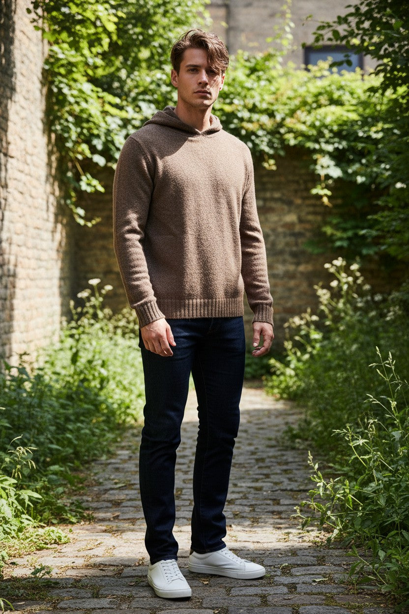 FRADI MERINO/CASHMERE HOODED SWEATER - TOBACCO/GREY MARL