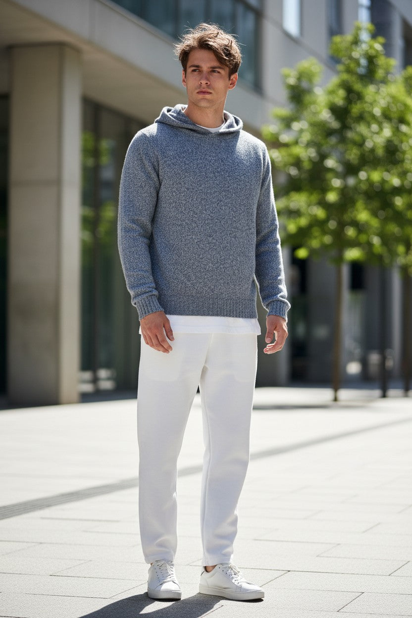 FRADI MERINO/CASHMERE HOODED SWEATER - DENIM/MILK MARL