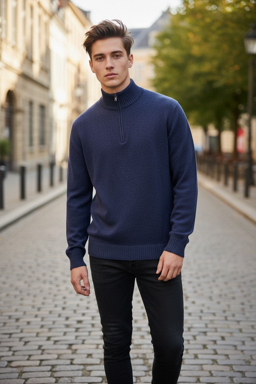FRADI AIR WOOL 1/4 ZIP SWEATER - DENIM