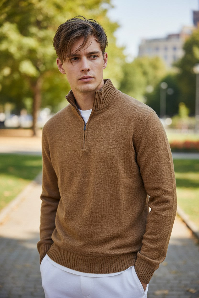 FRADI AIR WOOL 1/4 ZIP SWEATER - TOBACCO