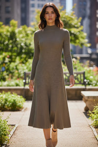 PUROTATTO LONG SLEEVE MIDI DRESS - DARK TAUPE