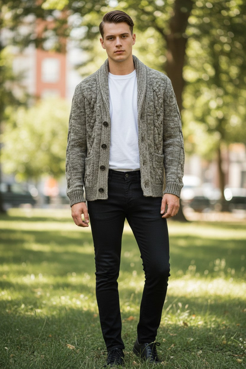 SETTEFILI CASHMERE - MEN'S CABLE SHAWL CARDIGAN - MOSS MIX