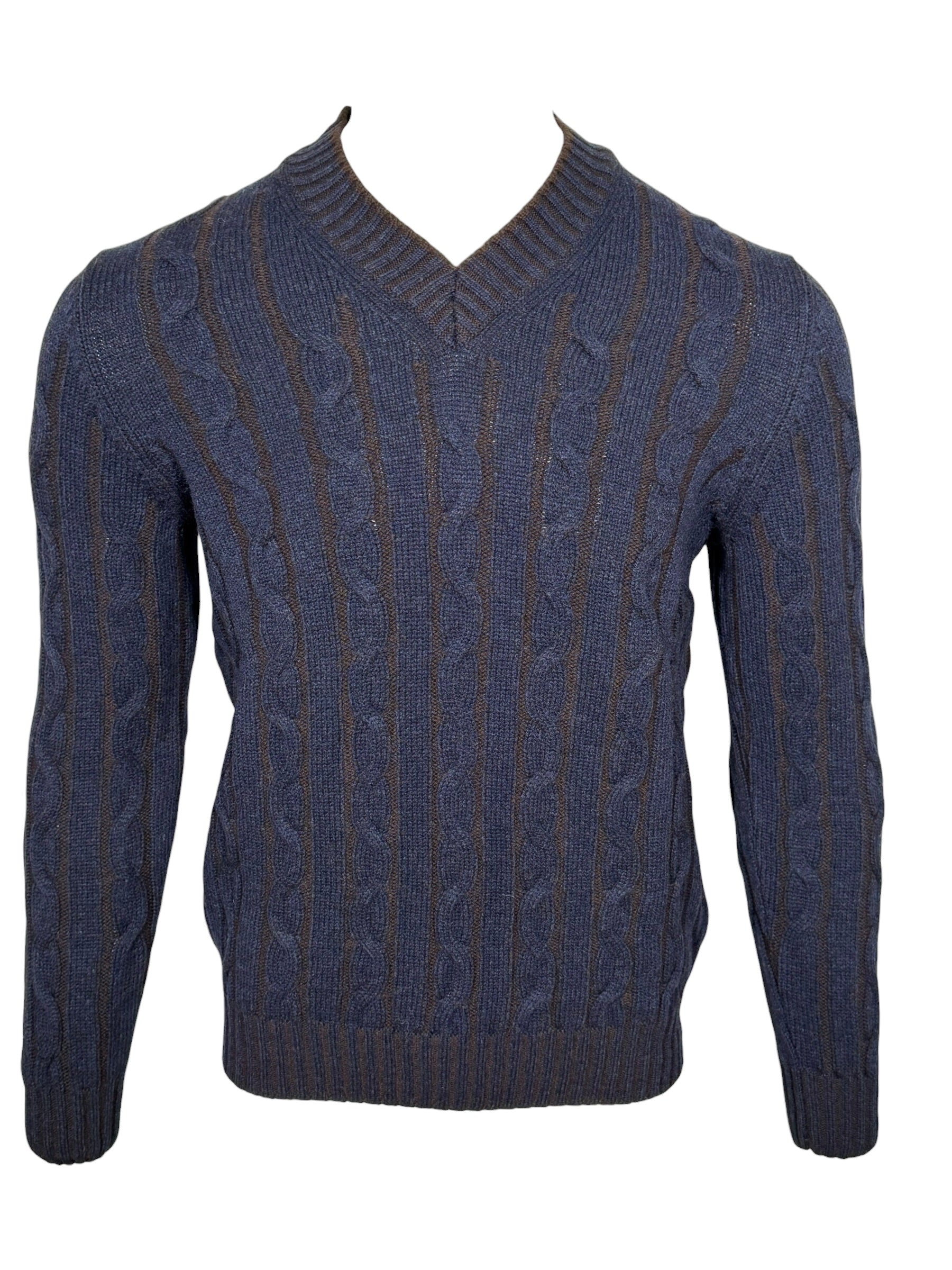 SETTEFILI CASHMERE - MEN'S VANISE CABLE V-NECK SWEATER - NAVY/BROWN
