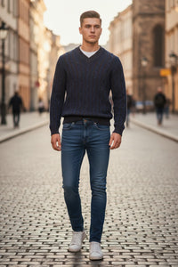 SETTEFILI CASHMERE - MEN'S VANISE CABLE V-NECK SWEATER - NAVY/BROWN