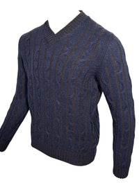 SETTEFILI CASHMERE - MEN'S VANISE CABLE V-NECK SWEATER - NAVY/BROWN