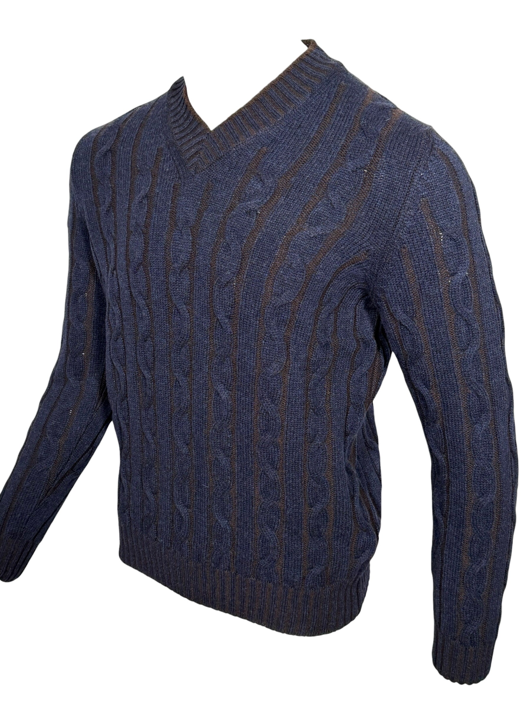 SETTEFILI CASHMERE - MEN'S VANISE CABLE V-NECK SWEATER - NAVY/BROWN