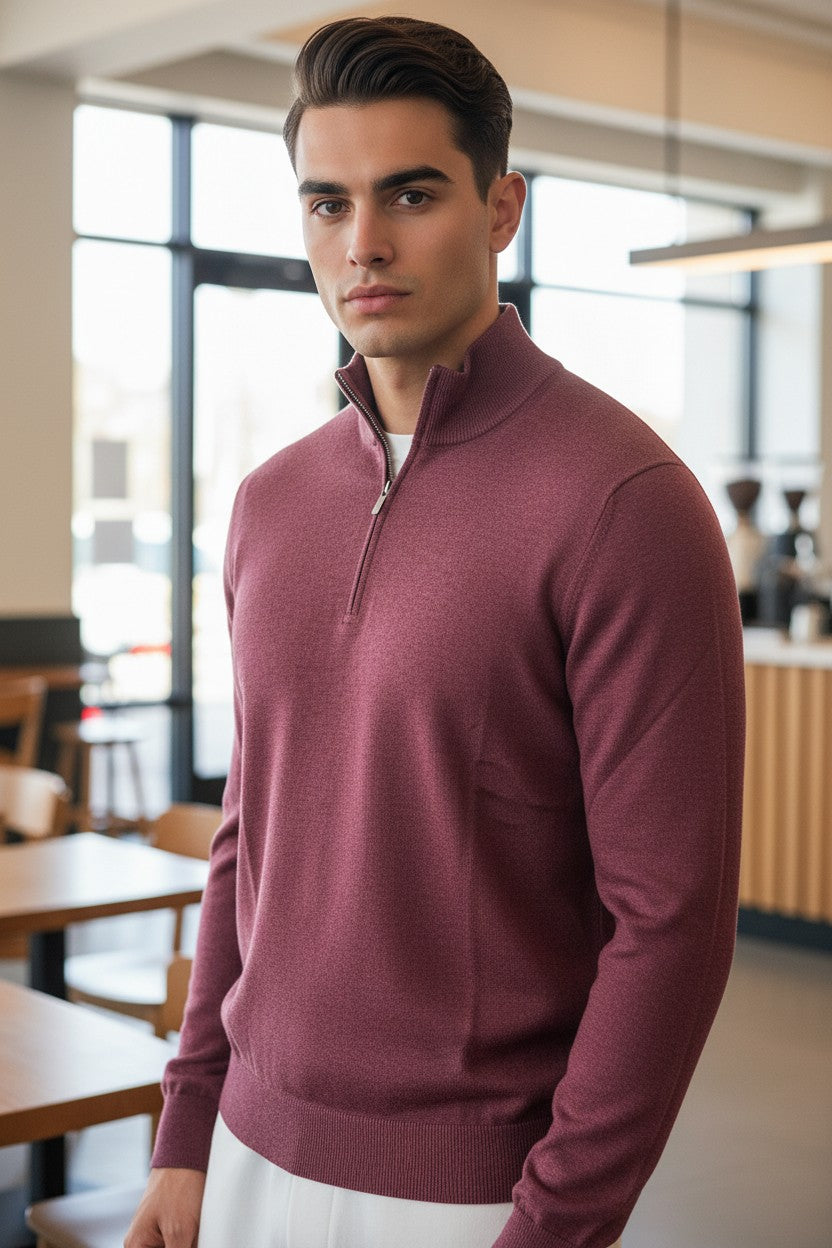 BUTTON DOWN VINTAGE 1/4 ZIP SWEATER - BURGUNDY