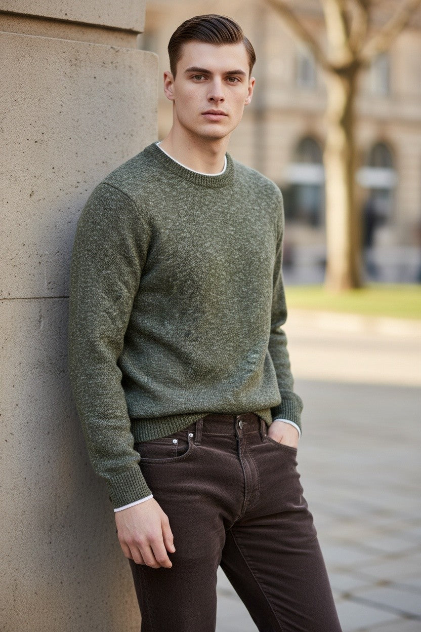 MAURIZIO BALDASSARI - WINTER MOULINE CREW NECK SWEATER - DARK OLIVE