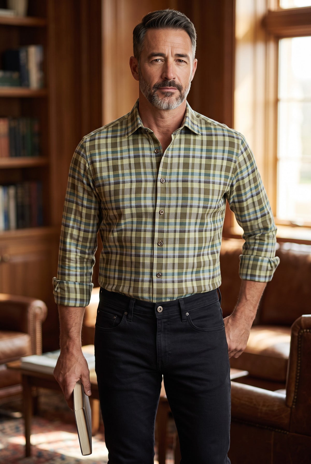 CALDER CARMEL MEN'S SHIRT - LUXURY 80'S 2PLY TWILL EXPLODED PLAID - OLIVE